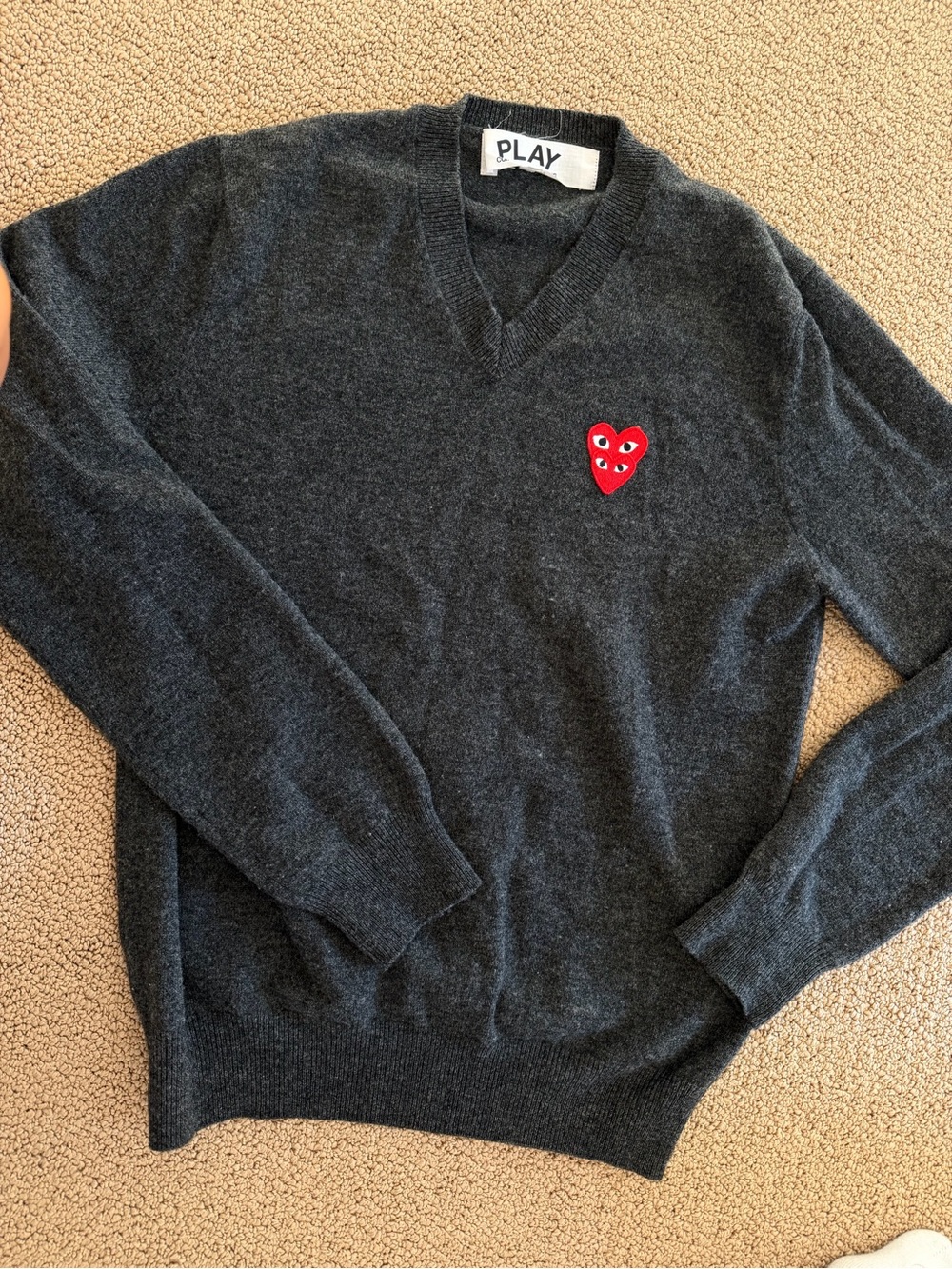 Comme des Garçons Dark Gray V-Neck Wool Sweater with Red Heart Patch